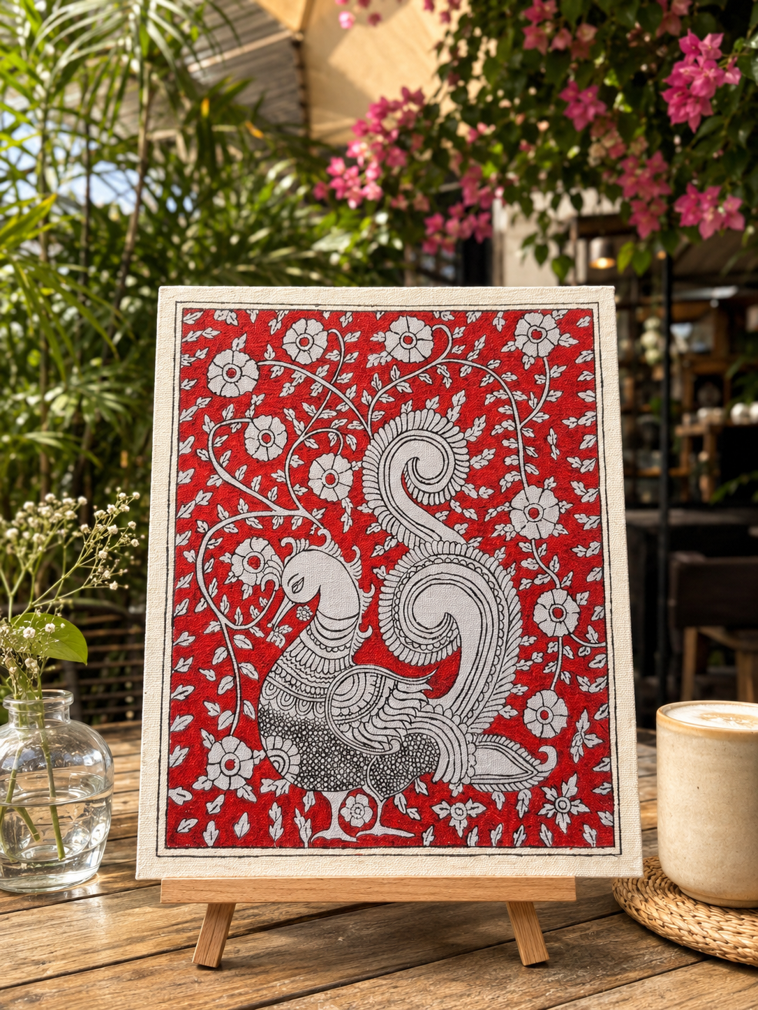 Crimson Peacock Kalamkari Canvas Art