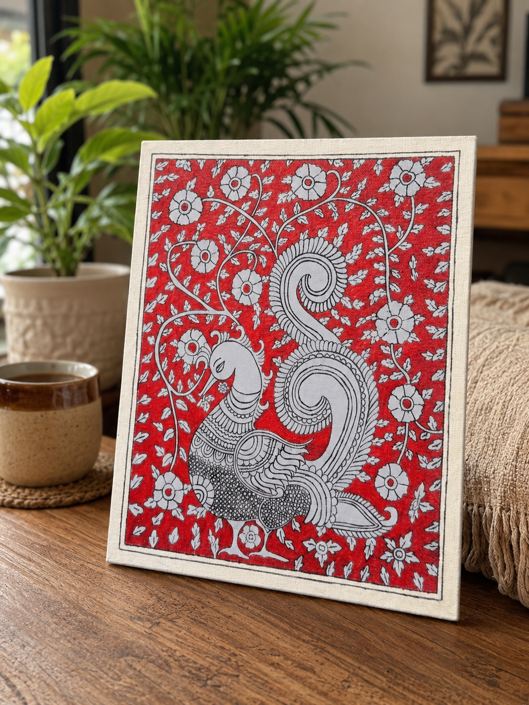 Crimson Peacock Kalamkari Canvas Art