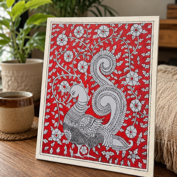 Crimson Peacock Kalamkari Canvas Art