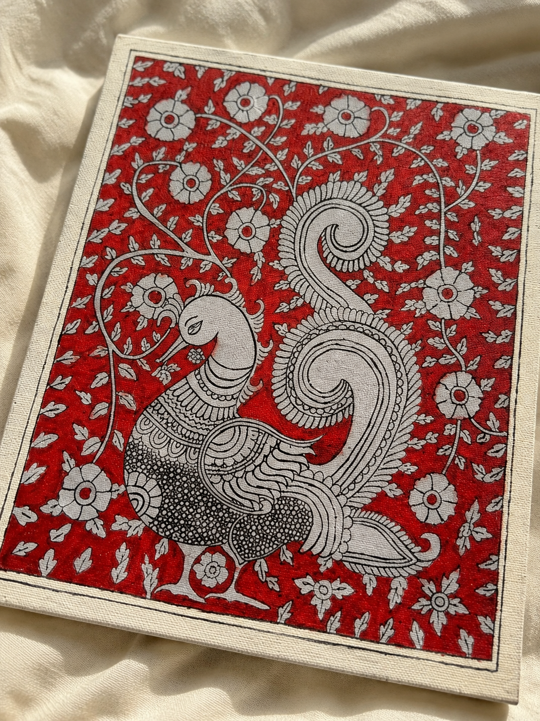 Crimson Peacock Kalamkari Canvas Art