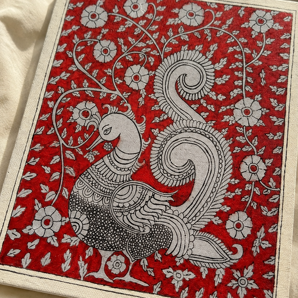Crimson Peacock Kalamkari Canvas Art