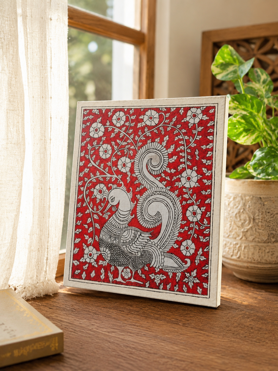 Crimson Peacock Kalamkari Canvas Art