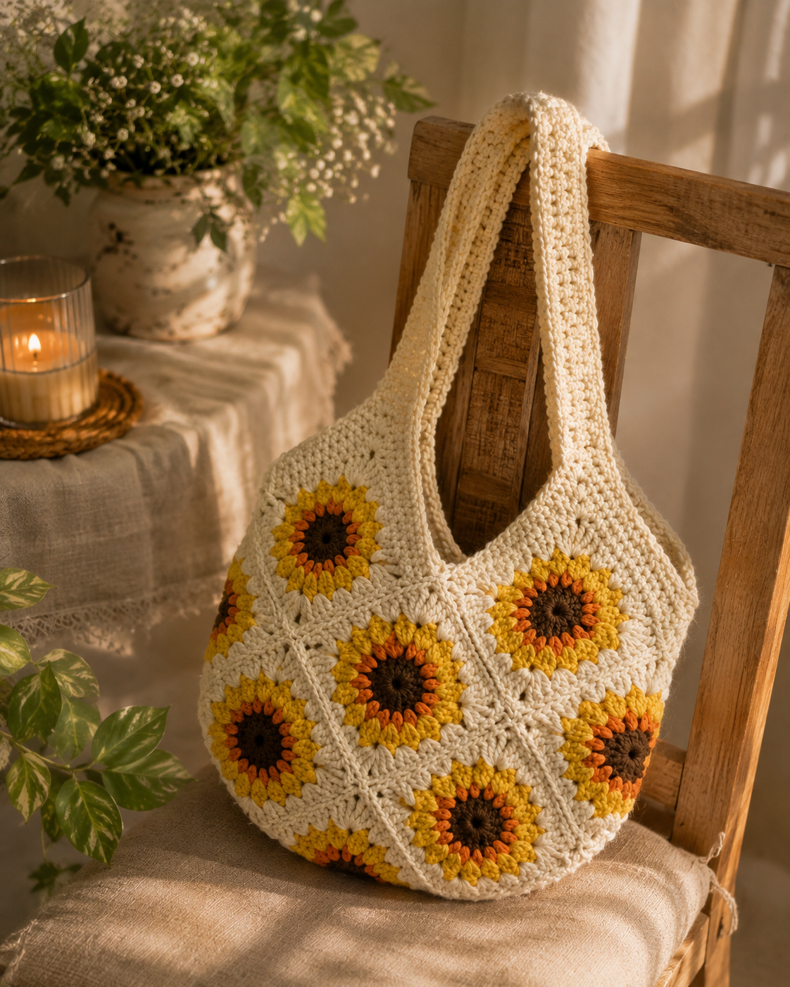 Golden Sunflower Crochet Shoulder Bag