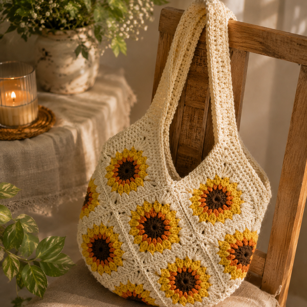 Golden Sunflower Crochet Shoulder Bag