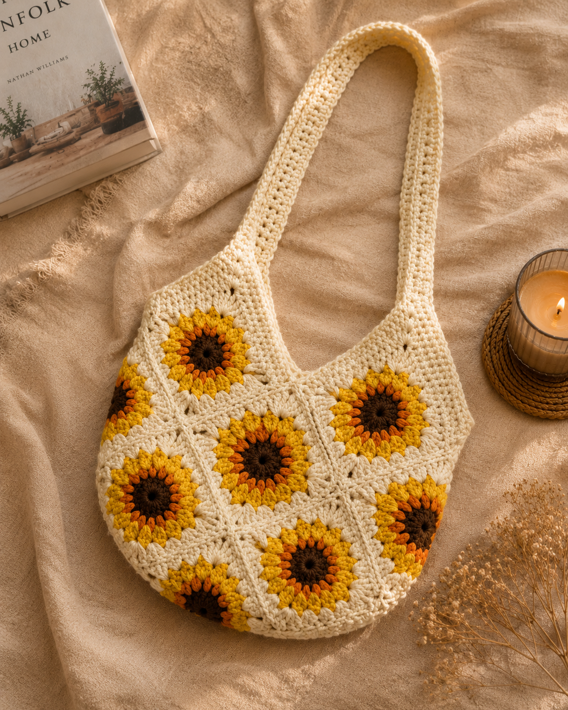 Golden Sunflower Crochet Shoulder Bag