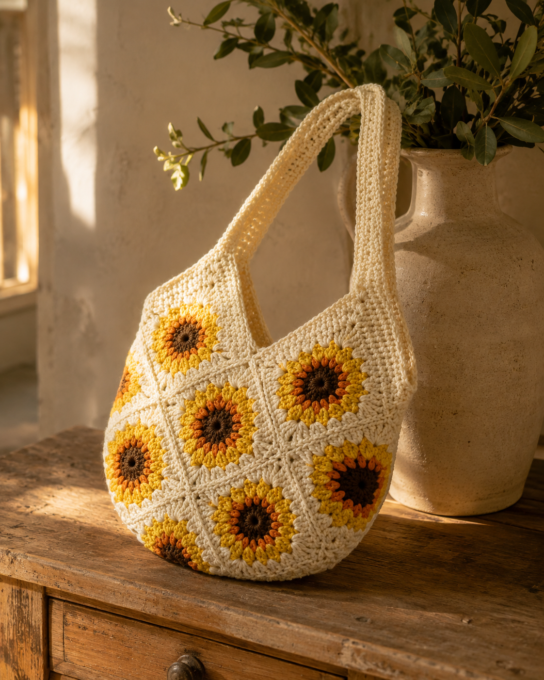 Golden Sunflower Crochet Shoulder Bag