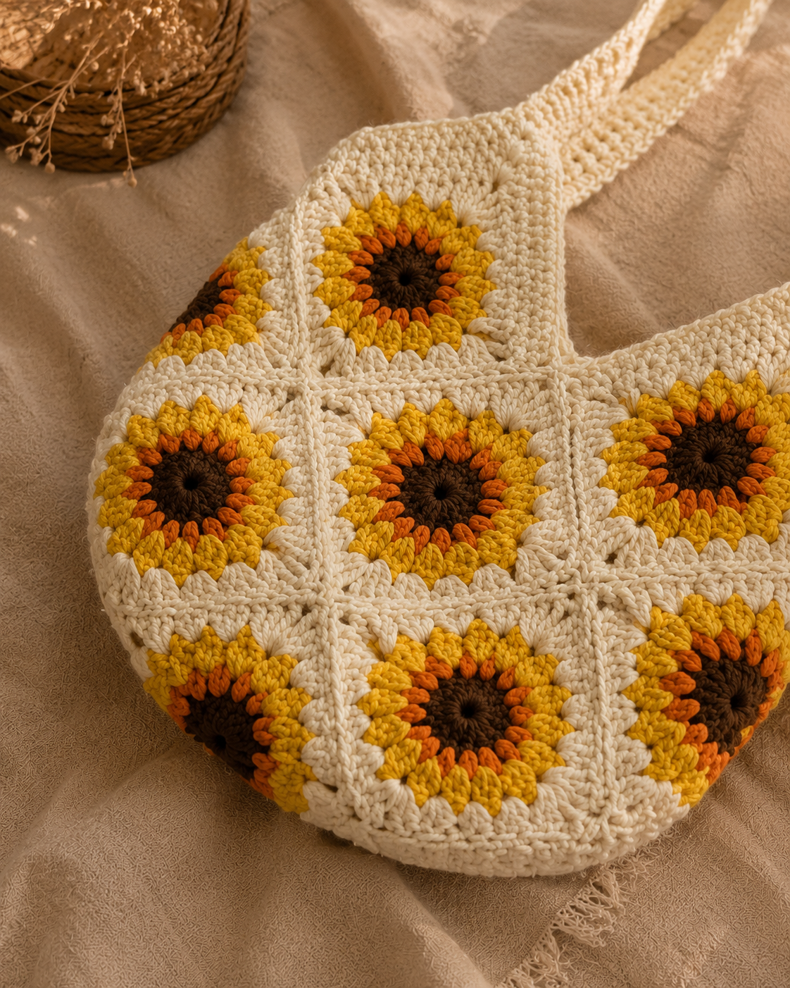 Golden Sunflower Crochet Shoulder Bag