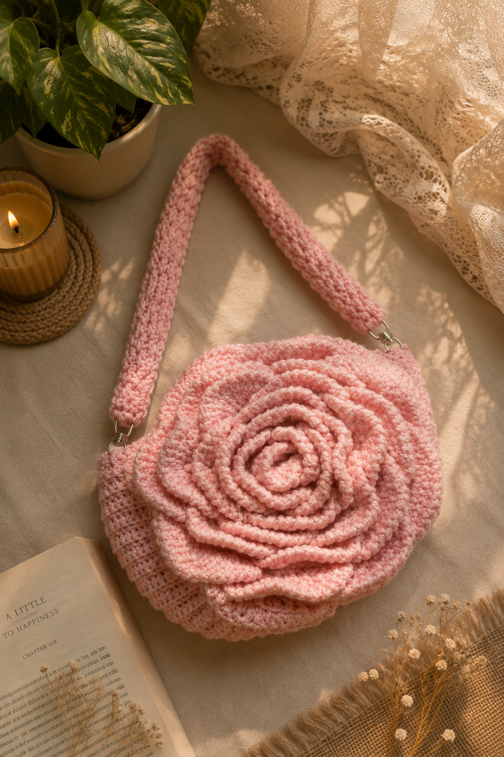Blushing Rose Crochet Handbag