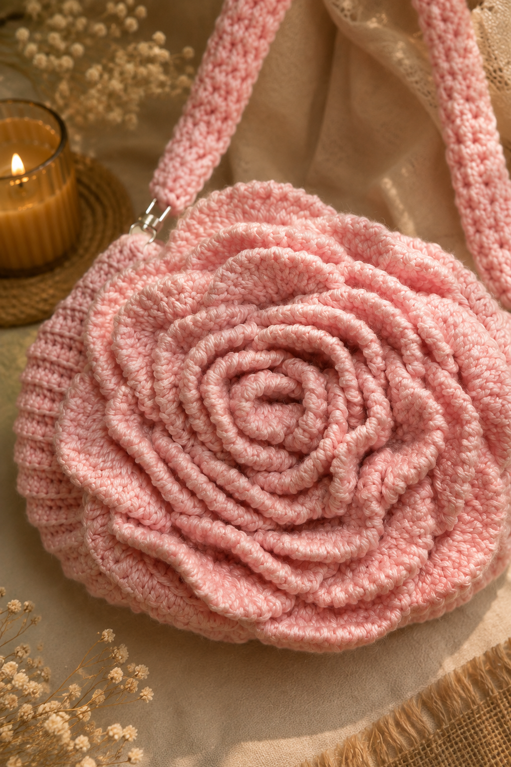 Blushing Rose Crochet Handbag