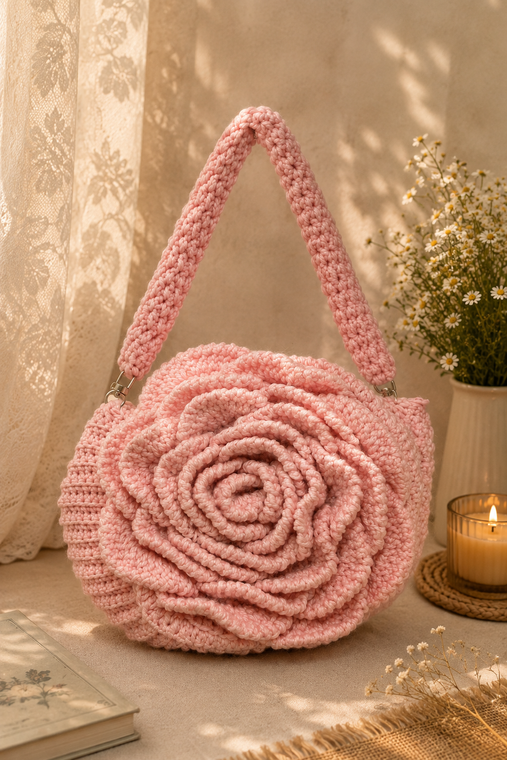 Blushing Rose Crochet Handbag