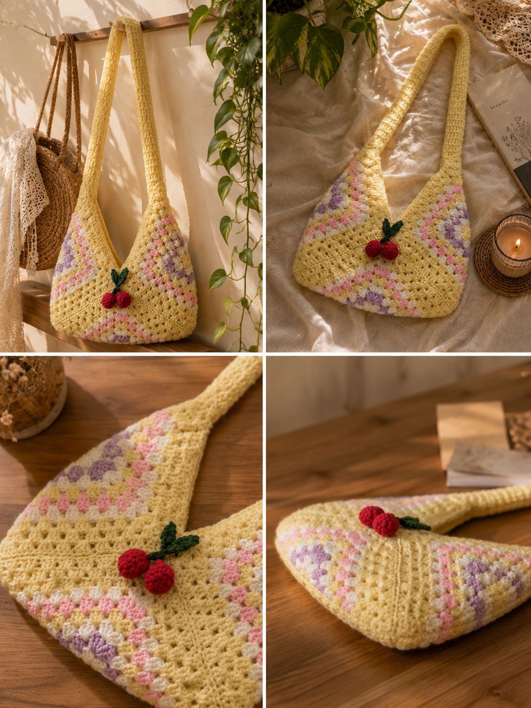 Cherry Blossom Pastel Crochet Shoulder Bag