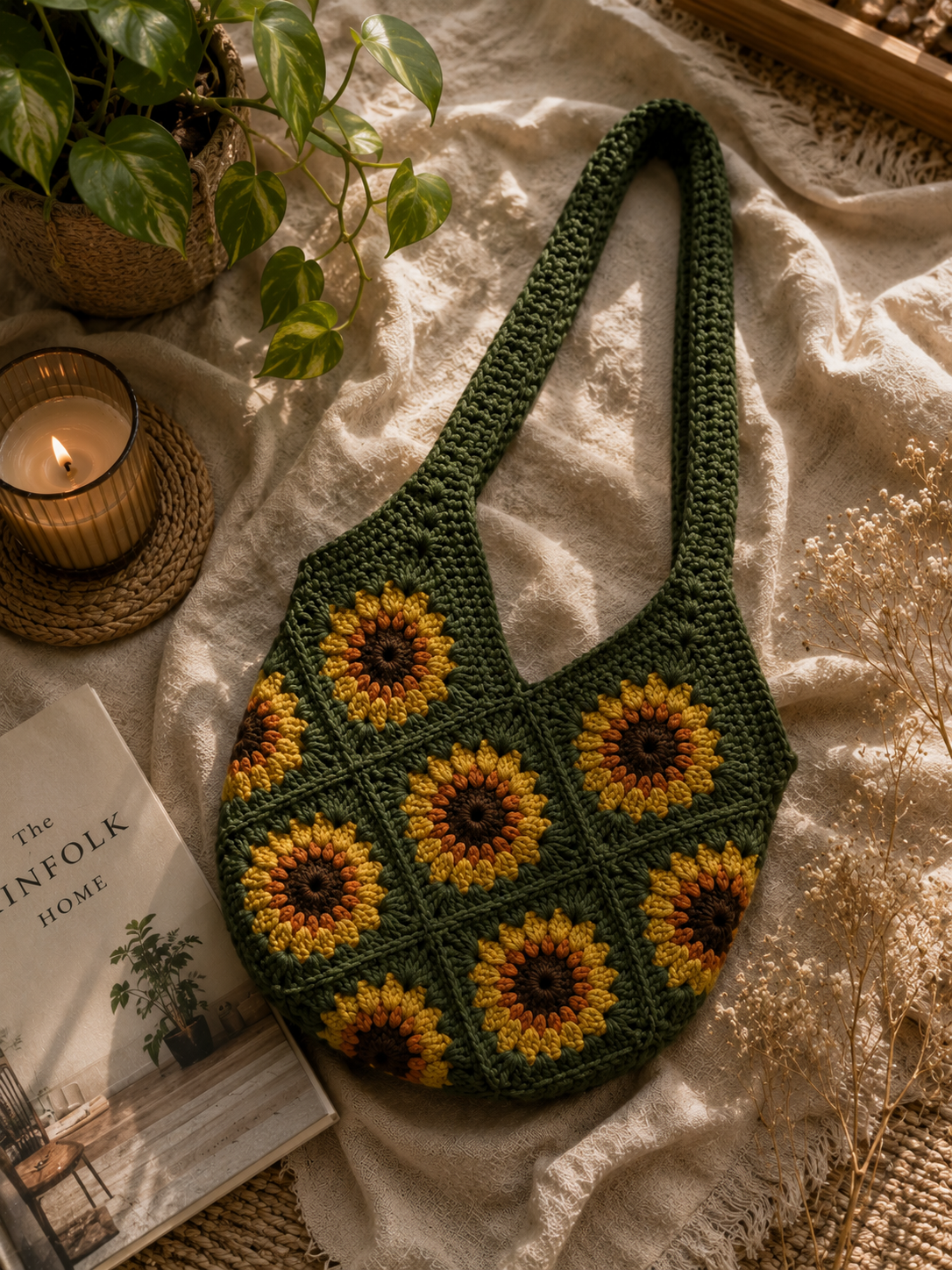 Golden Bloom Crochet Tote Bag
