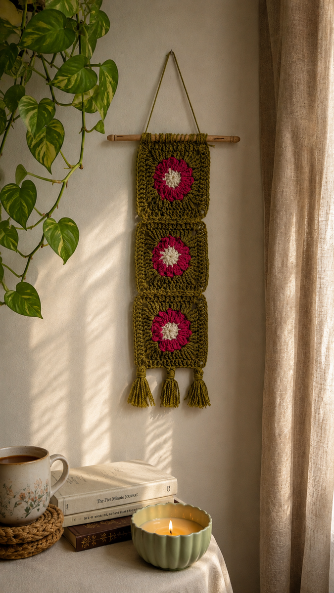 Olive & Pink Crochet Wall Hanging