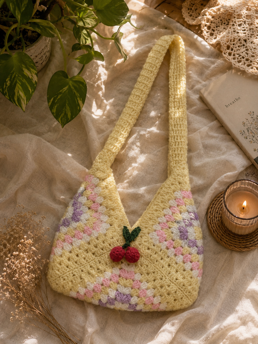 Cherry Blossom Pastel Crochet Shoulder Bag