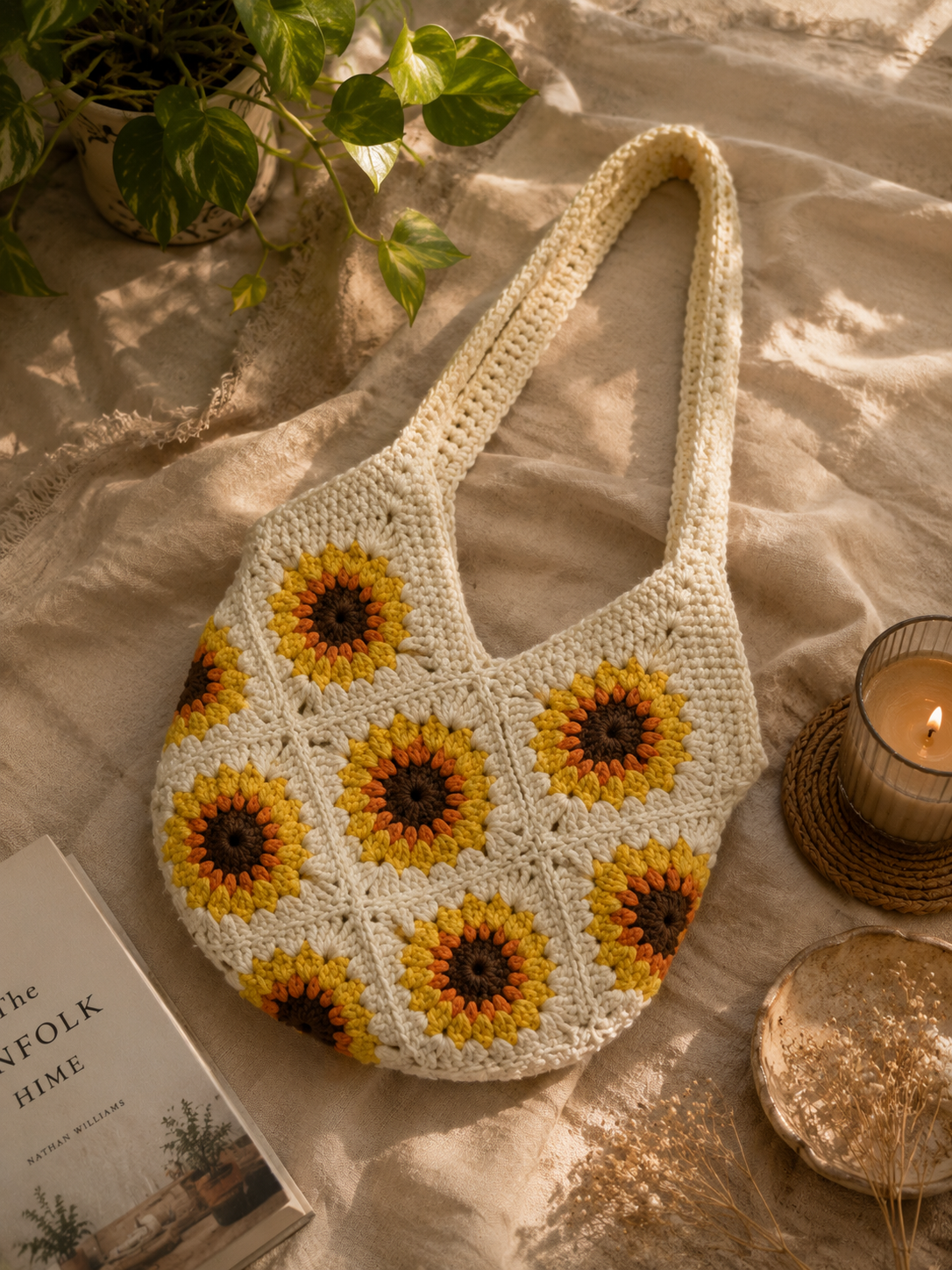 Golden Sunflower Crochet Shoulder Bag
