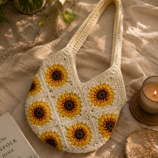 Golden Sunflower Crochet Shoulder Bag